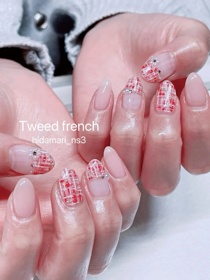 ネイル フレンチネイル ガーリー 持ち込み 赤色 ツイードネイル ハンドネイル NailSalon ひだまりのネイルデザイン