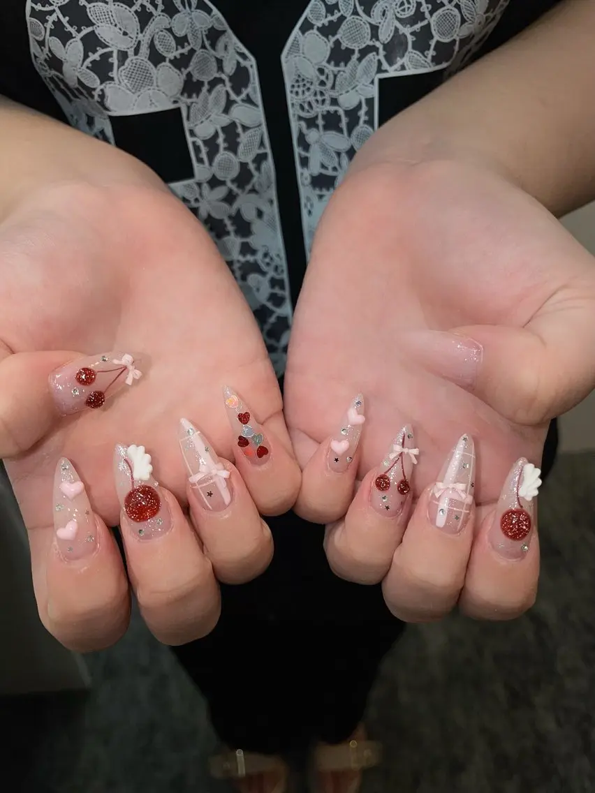 ネイル ガーリー ハート 韓国ネイル ニュアンスネイル リボン ハンドネイル Sora nail 長さ出し専門店のネイルデザイン