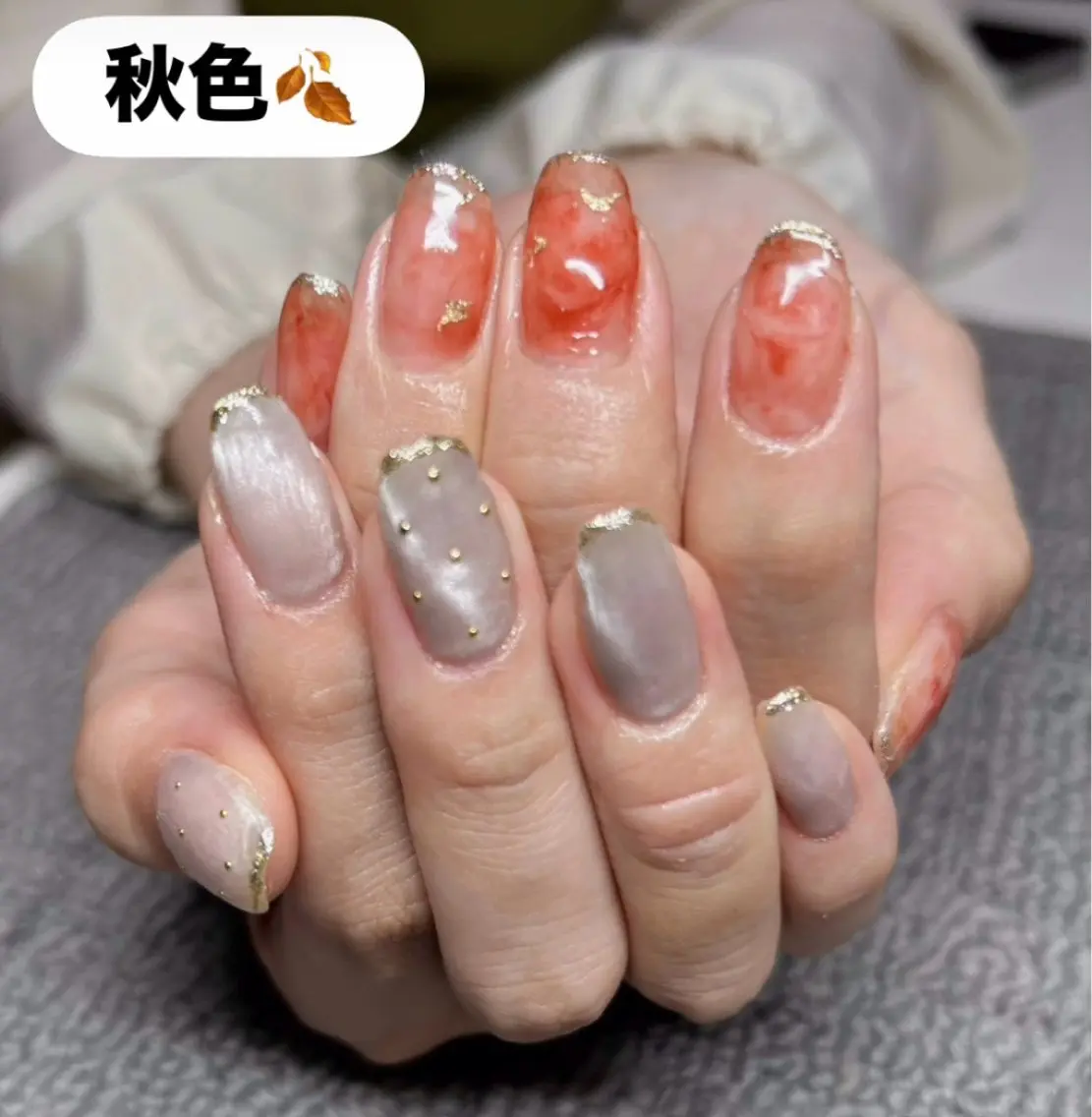 ネイル ブラウン ゴールド 持ち込み ニュアンスネイル 赤色 ハンドネイル Asemota Shihoのネイルデザイン