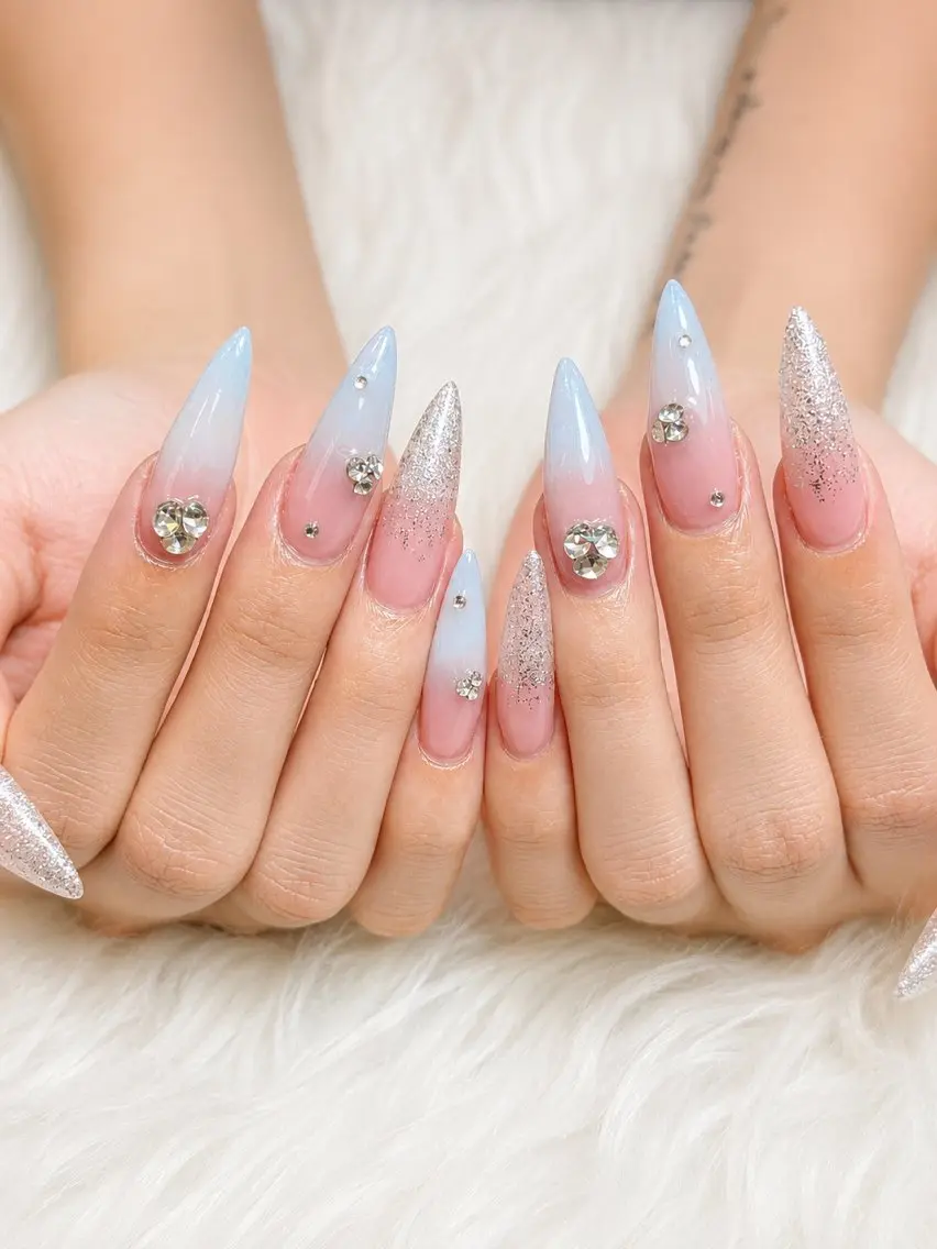 ネイル ブルー 長さ出し キラキラネイル 韓国ネイル ラメ(グリッター) MEO MEO NAIL 守山のネイルデザイン