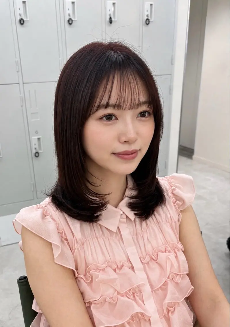 セミロング カラー 顔まわりレイヤー 顔周りカット レイヤーカット カット ヘアカラー NaVIユウジ オリーブ/レイヤーのヘアスタイル