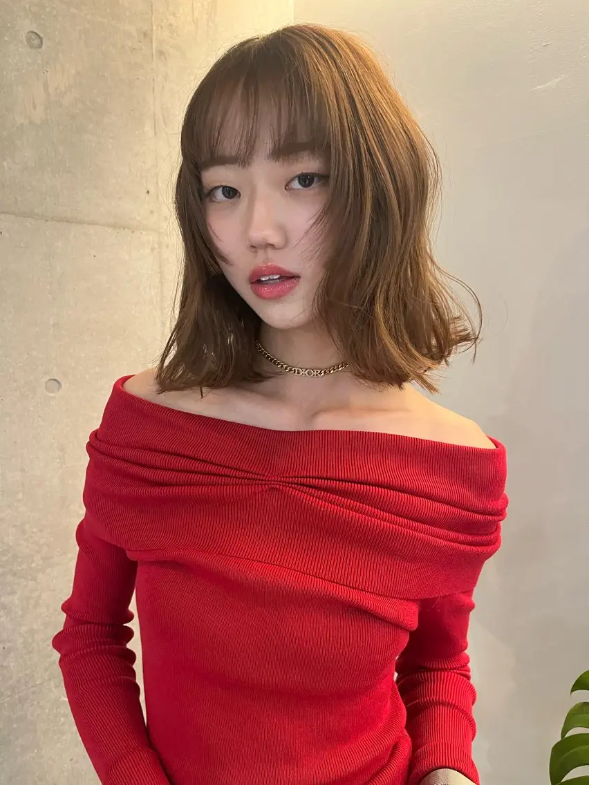 ミディアム ミディアムレイヤー アッシュ オレンジブラウン ボブ 顔まわりレイヤー カット ヘアカラー レイヤーカット\ウル フ　chinatsuのヘアスタイル