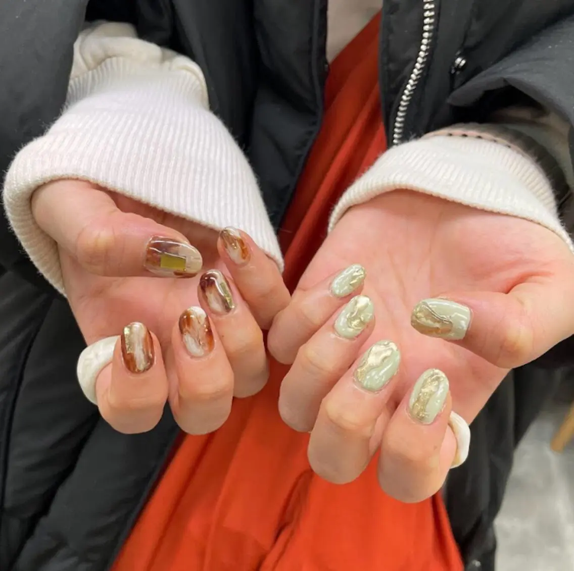 ネイル アートネイル ボルドー クリアネイル ジェルネイル ミラーネイル nailstudio eviz新宿店のネイルデザイン