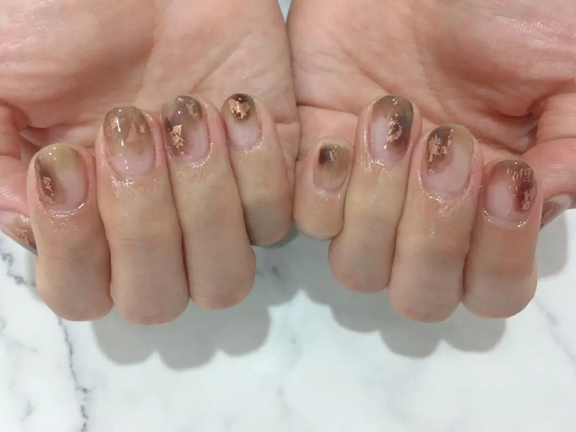 ネイル ブラウン クリアネイル 長さ出し フラワーネイル フットネイル HIRATA RIEのネイルデザイン