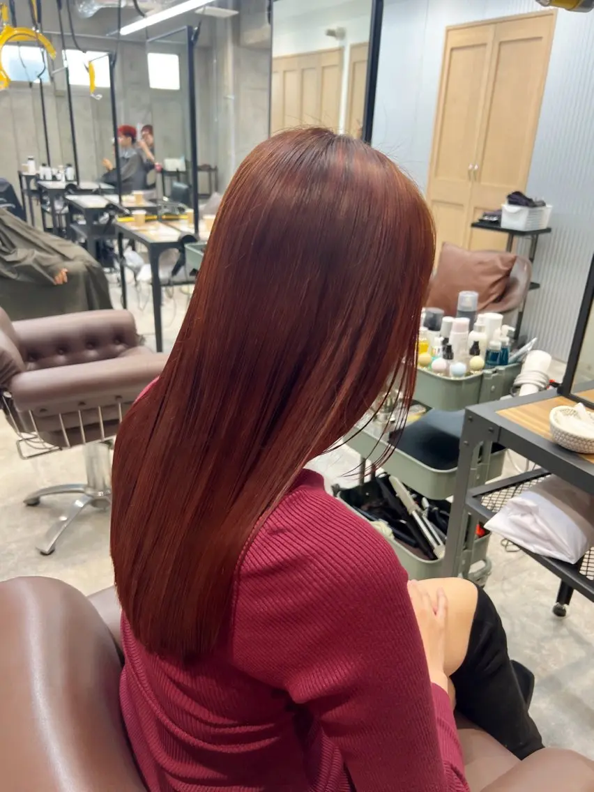 ミディアム カラー ブリーチ ブリーチなしカラー オレンジ カット ヘアカラー トリートメント 柔め透明感血色カラー 暖色/レイヤー/ゆいのヘアスタイル