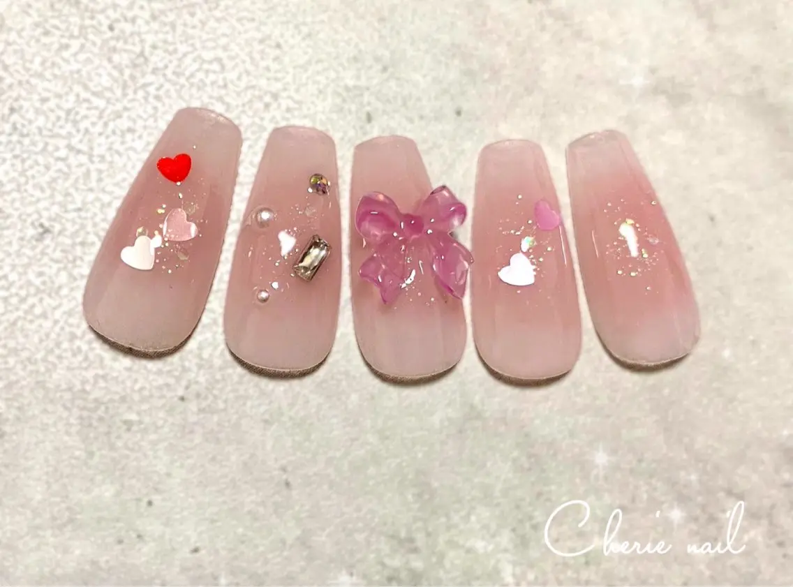 ネイル チークネイル ジェルネイル 韓国ネイル リボン ワンホンネイル ハンドネイル Cherienail yunaのネイルデザイン