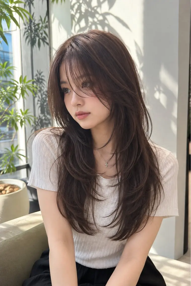 ロング カラー ロングレイヤー くびれヘア 顔まわりレイヤー 韓国風ヘア レイヤーカット カット ヘアカラー トリートメント 銀座/ハイレイヤー/ 艶髪カラー/田中颯士のヘアスタイル