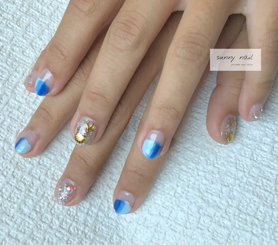 ネイル アートネイル カジュアル クリアネイル ジェルネイル 水色 sunny nailのネイルデザイン