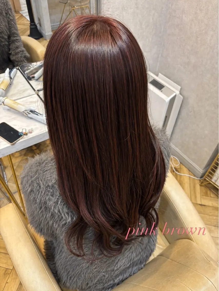 ロング カラー ブリーチ ブラウンカラー ブリーチなしカラー ピンクカラー ピンクブラウン ヘアカラー トリートメント 伊藤 愛士のヘアスタイル