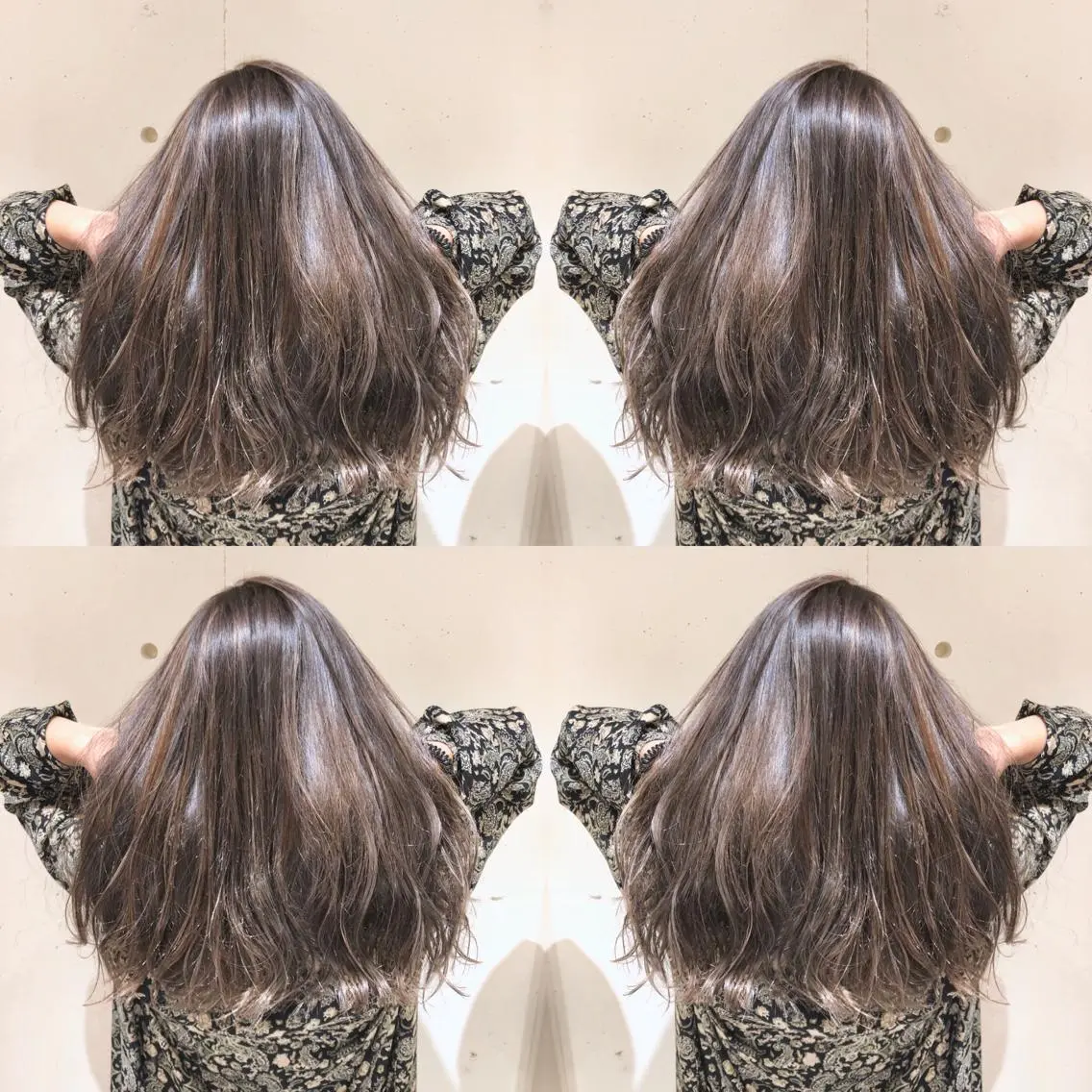 セミロング カラー パーマ ヘアアレンジ セミロングパーマ バレイヤージュ ベージュカラー 黒髪 フォギーベージュ 【ツヤ髪美容師】 ツダケイスケのヘアスタイル