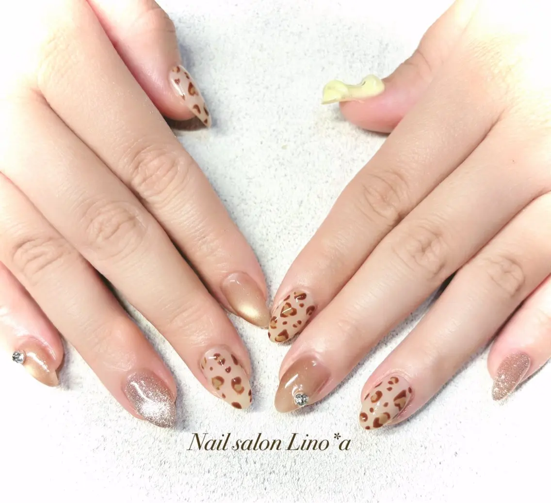ネイル アニマル柄 ハート マグネットネイル 持ち込み ハンドネイル Nail salon Lino*aのネイルデザイン