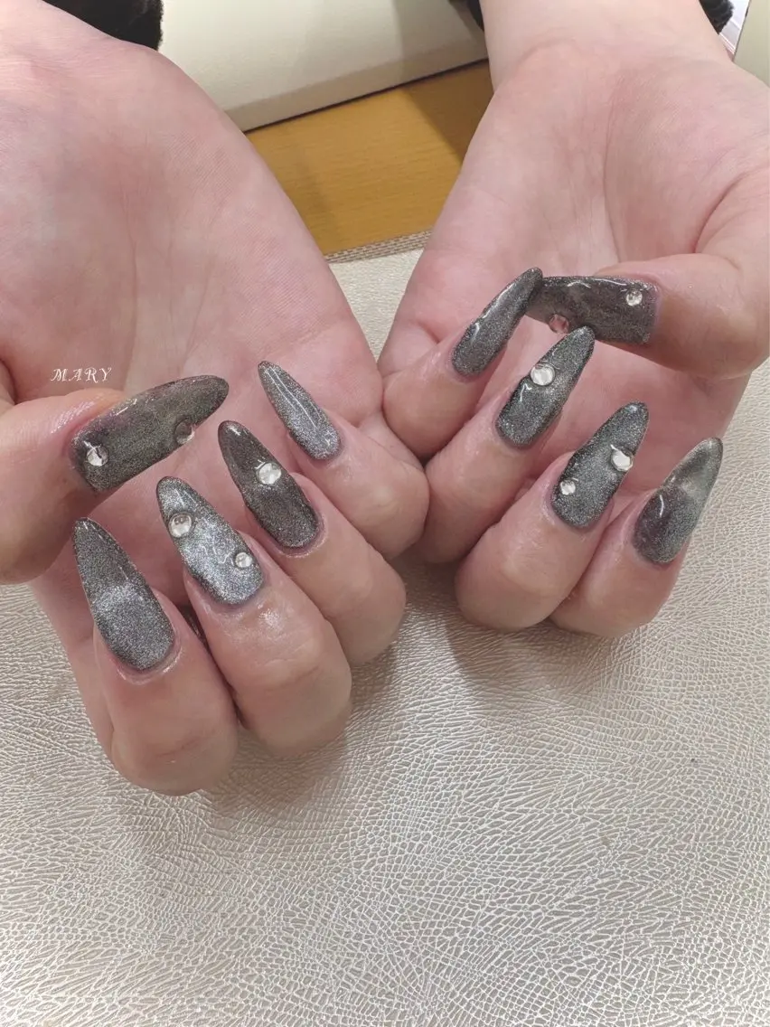 ネイル キラキラネイル マグネットネイル ニュアンスネイル ワンカラーネイル シルバー Mary nail .narumiのネイルデザイン