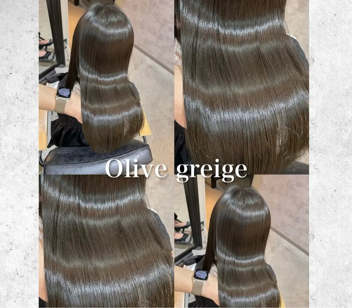 ロング カラー パーマ ケアカラー グレージュ オリーブカラー オリーブグレージュ オリーブグレー ヘアカラー 縮毛矯正 大智/ハイライト バレイヤージュのヘアスタイル