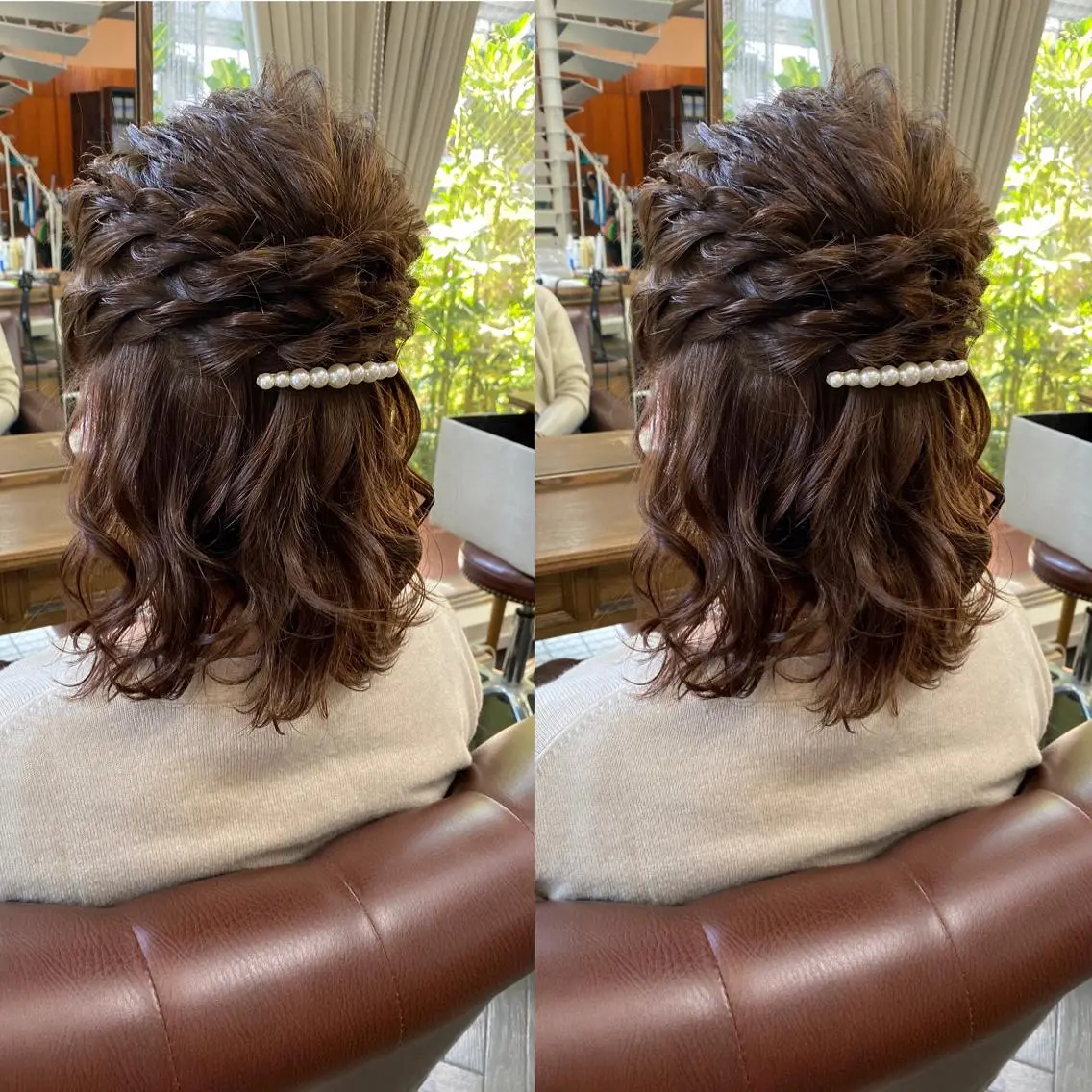 ミディアム ヘアアレンジ ハーフアップ モモカ/ハイトーン /バレイヤージュのヘアスタイル