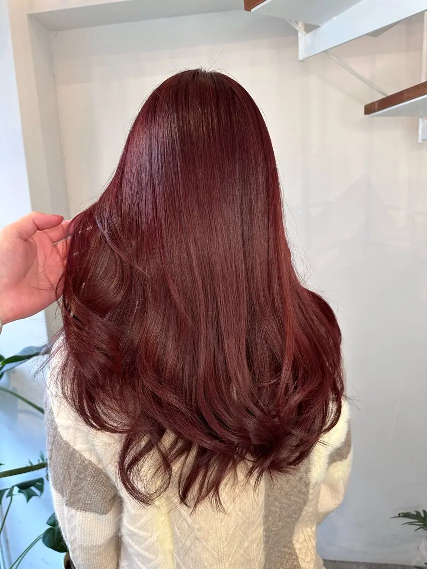 ロング カラー アッシュ ベージュカラー ボルドーカラー 透明感カラー グレージュ 堀江/レイヤーカット /髪質改善のヘアスタイル