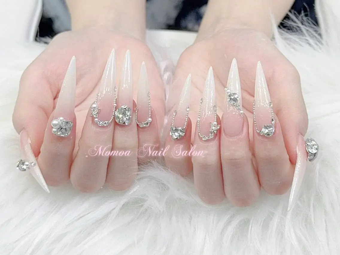 ネイル 成人式 大理石ネイル(マーブル) リボン 夏ネイル ネイルチップ ハンドネイル MoMoA Nail ネイル長さ出し専門店のネイルデザイン