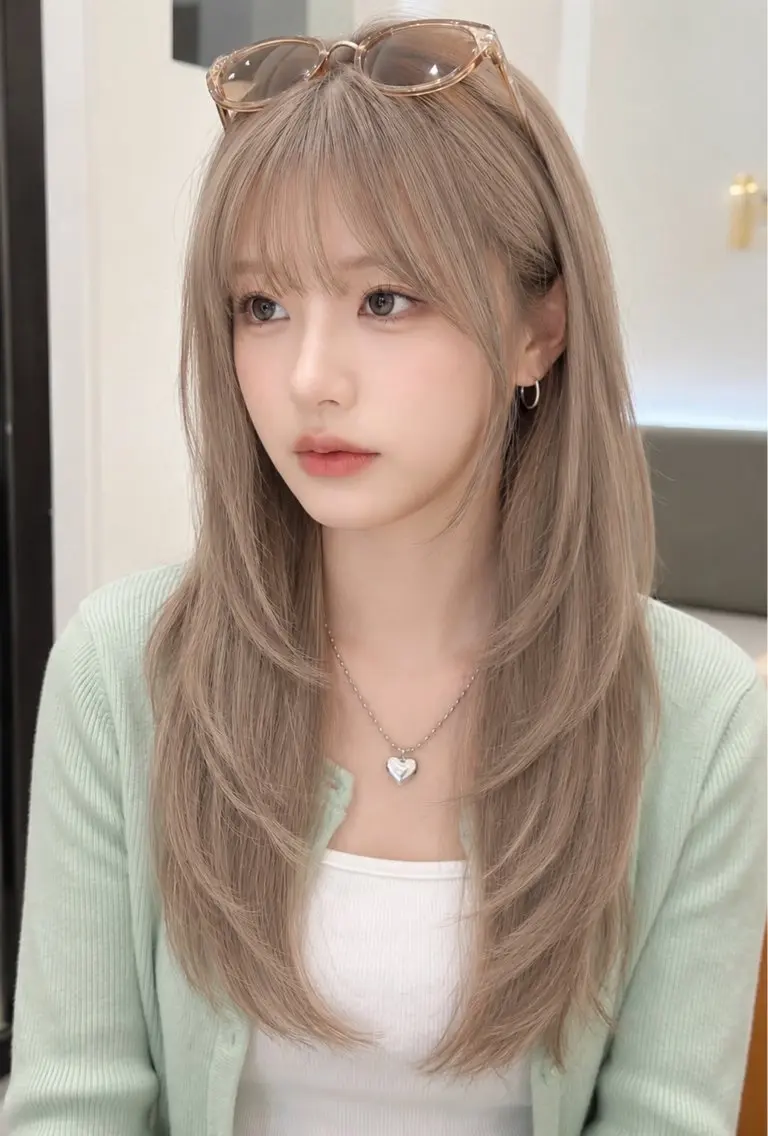 ロング カラー ベージュカラー ブリーチ ミルクティーベージュ 韓国風ヘア レイヤーカット カット ヘアカラー トリートメント ヘッドスパ ハイトーン/ホワイト /縮毛矯正/りくとのヘアスタイル