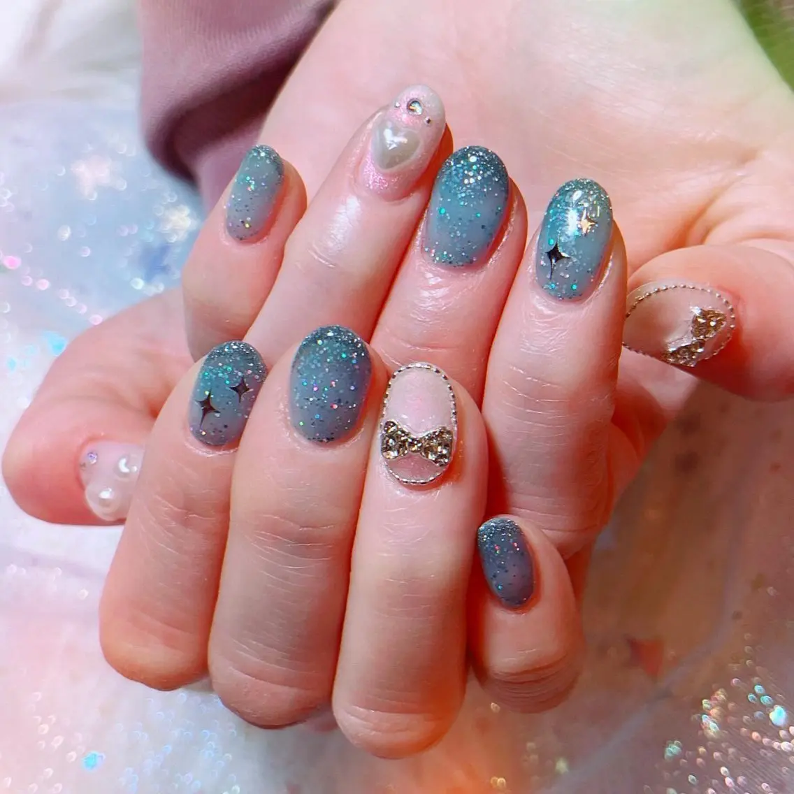 ネイル ブルー フラッシュネイル フレンチネイル キラキラネイル RUI ☆のネイルデザイン
