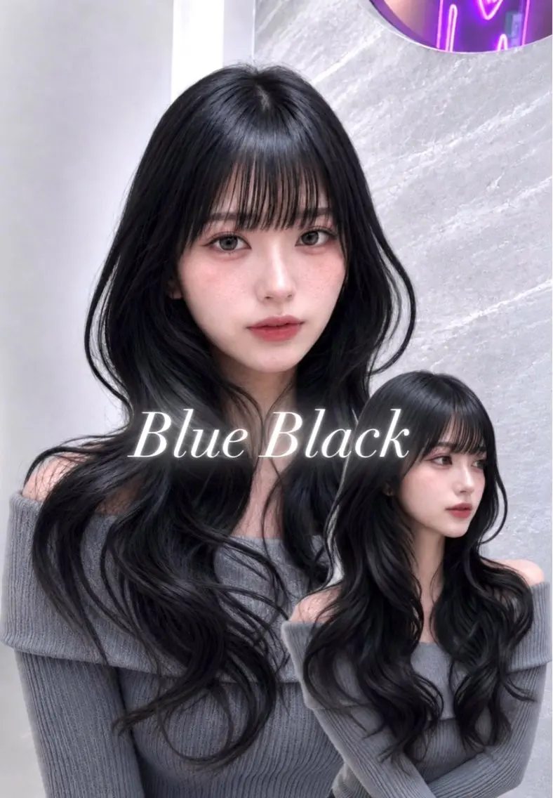 セミロング カラー ヘアアレンジ 黒髪 ブルーカラー ブルーブラック 透明感カラー グレージュ カット ヘアカラー 🖤kana韓国ヘア 艶髪カラー特化🖤のヘアスタイル