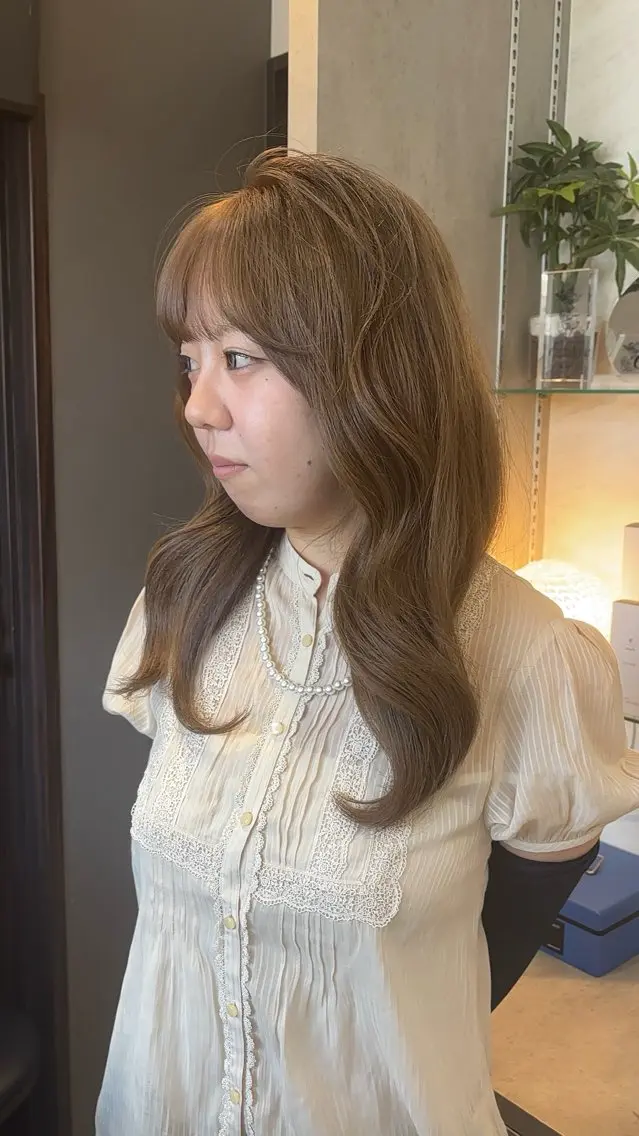 ロング ヘアカラー トリートメント 顔まわりレイヤー/諒 オリーブカラー/天神のヘアスタイル