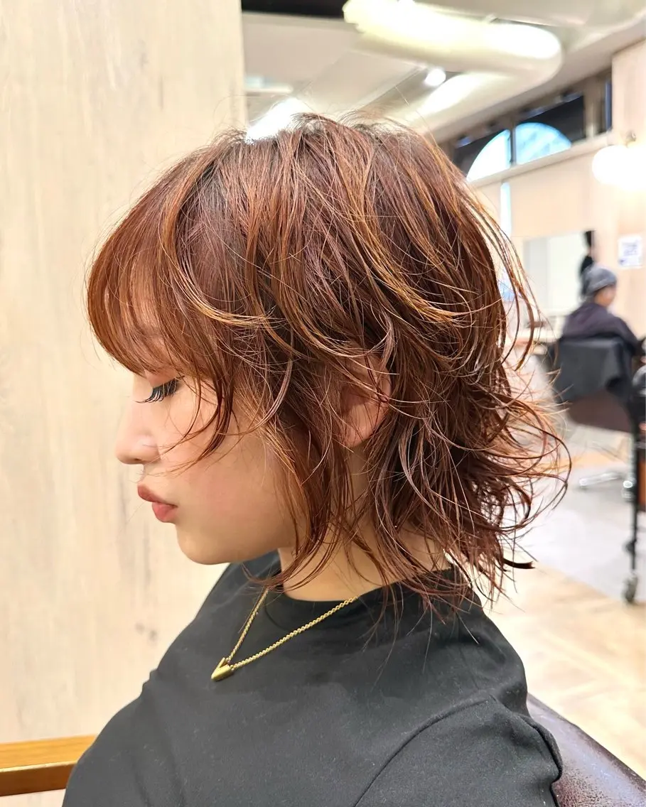 ミディアム パーマ ボブレイヤー ミディアムパーマ ボブ レイヤーカット 古川 宗永のヘアスタイル