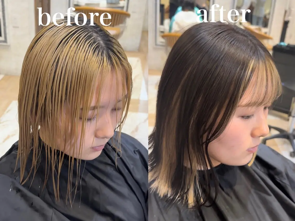 ミディアム カラー ブリーチ カット ヘアカラー トリートメント ブリーチなしダブル カラー縮毛矯正 下野のヘアスタイル