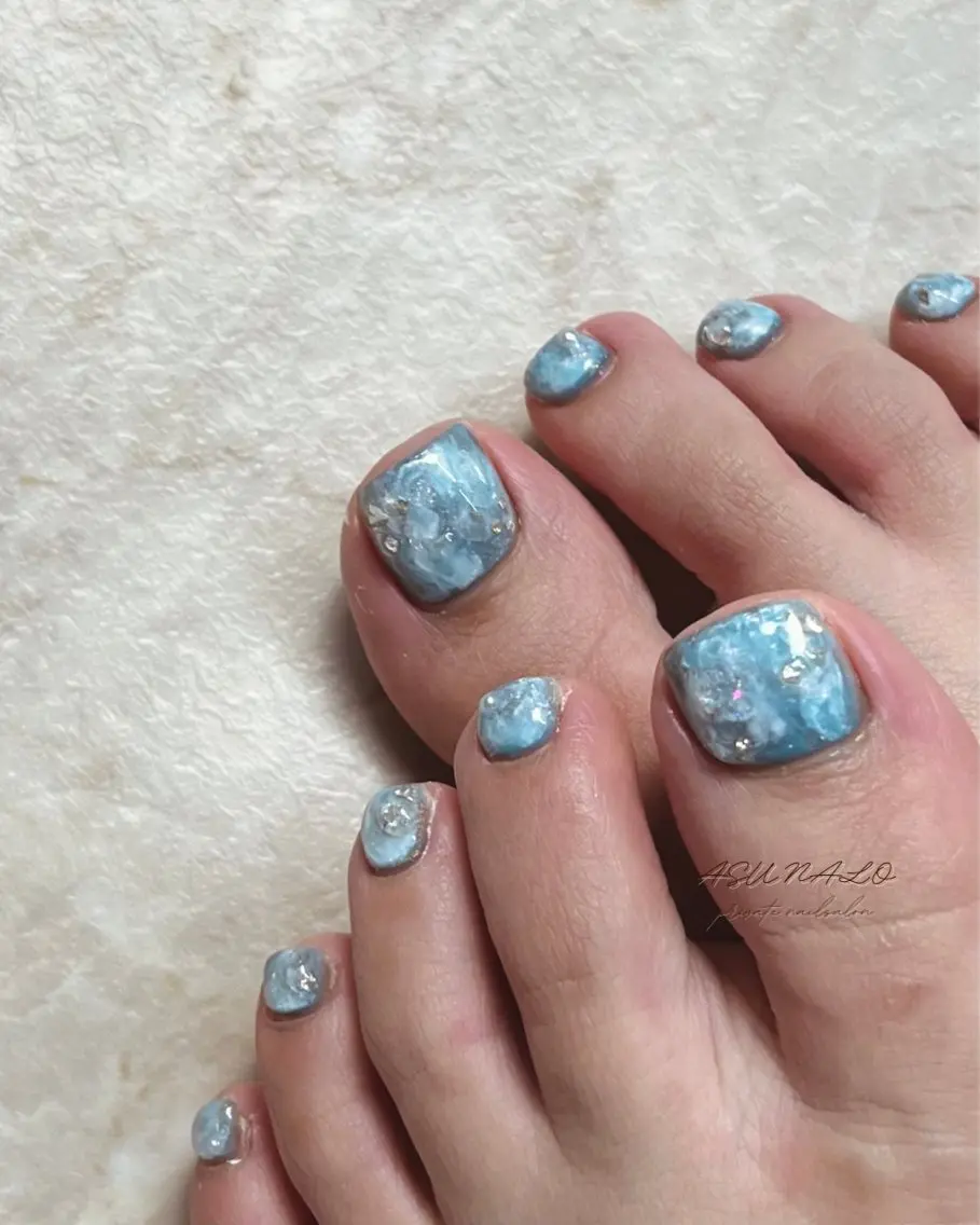 ネイル ブルー フットネイル ASUNALO えりかのネイルデザイン