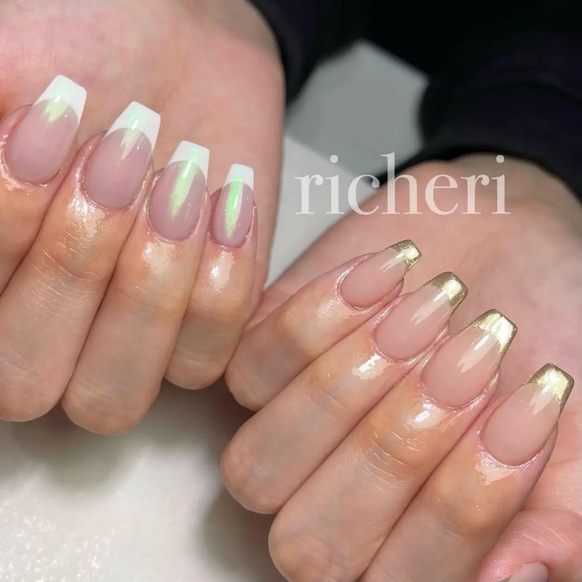 ミディアム ネイル 韓国風ヘア アートネイル フラッシュネイル フレンチネイル ジェルネイル ハンドネイル richeri beautyのエステ・リラクイメージ