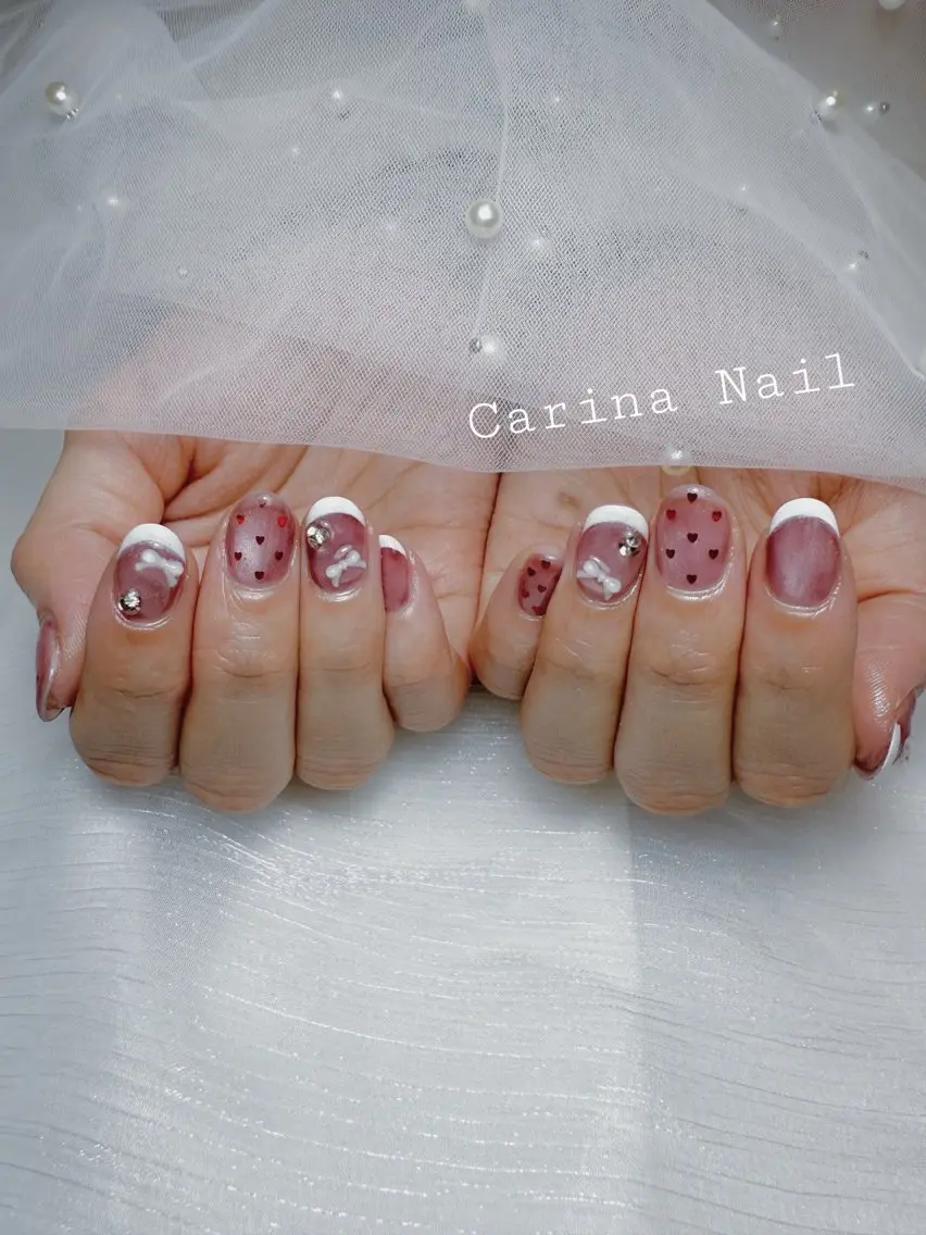 ネイル ボルドー フレンチネイル ガーリー ハート Carina Nailのネイルデザイン