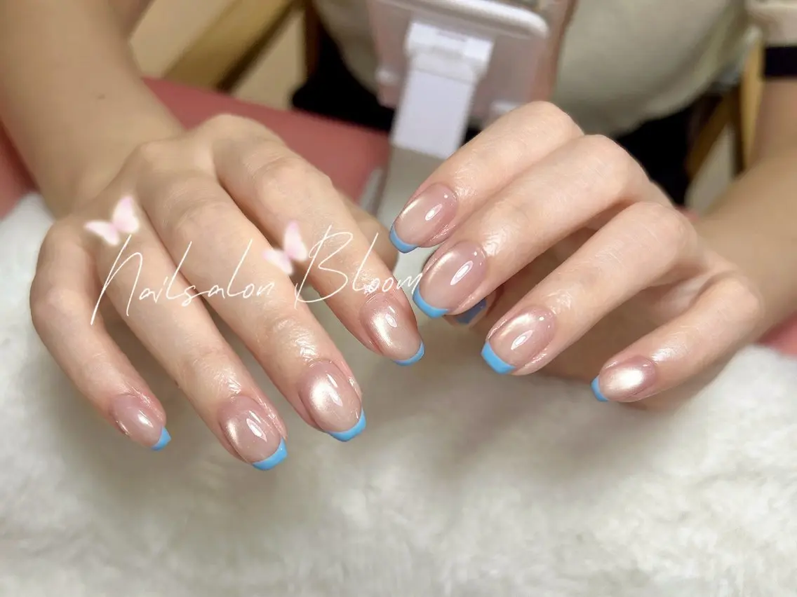 ネイル フレンチネイル 水色 ピンク Nail Bloom横浜西口店のネイルデザイン