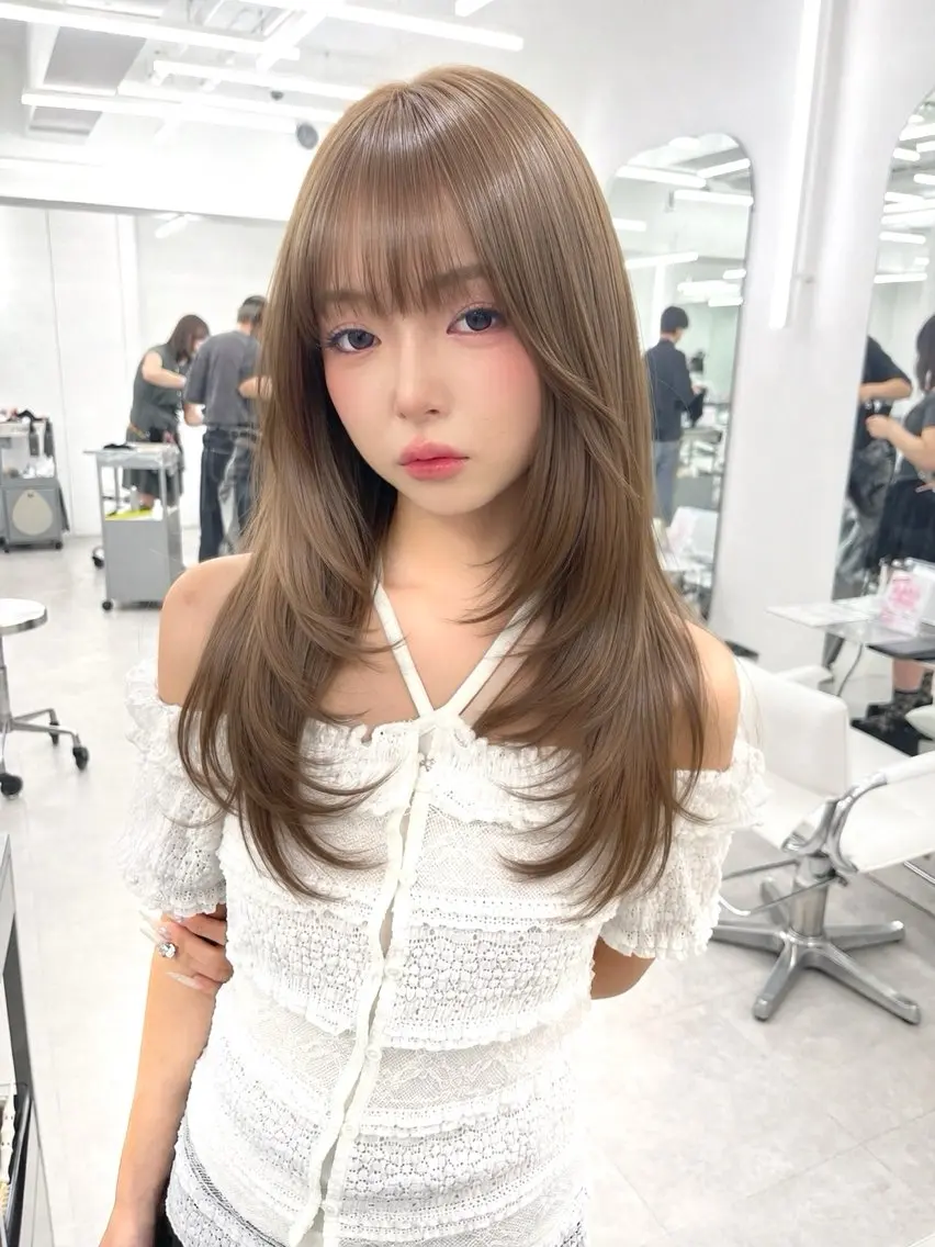 ロング カラー カット ヘアカラー トリートメント ヘッドスパ 盛れる顔周り✨韓国 レイヤーkanatoのヘアスタイル