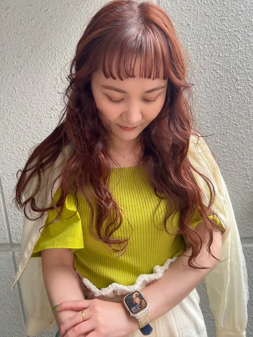 ロング カラー ブリーチ ブラウンカラー ブリーチなしカラー オレンジ オレンジブラウン カラーパティシエ facce🌼ikoのヘアスタイル