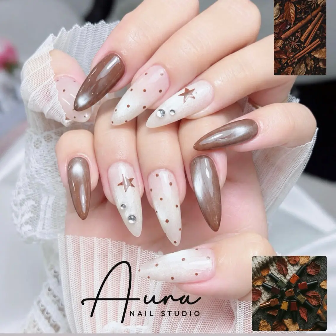 ネイル ブラウン ドット 韓国ネイル ロングネイル ホワイト ハンドネイル Aura Nail HanNaのネイルデザイン