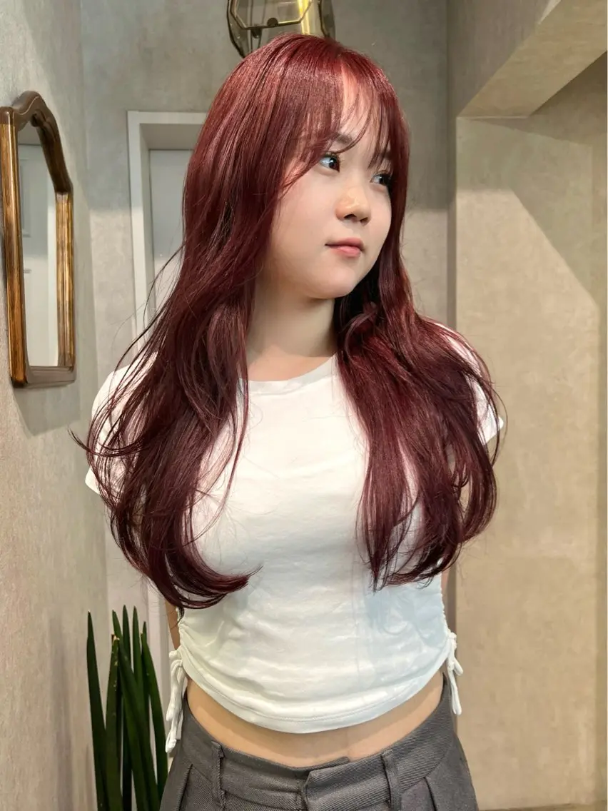 ロング カラー ロングレイヤー レッドカラー 韓国風ヘア レイヤーカット ロング サトウミノリ韓国ヘア 韓国メンズヘアのヘアスタイル