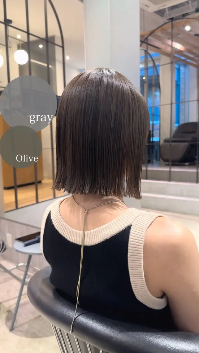 ショート カラー グレージュ オリーブグレージュ オリーブグレー ボブ カット ヘアカラー トリートメント ラフなパーマ\暗髪 石川雄麻のヘアスタイル