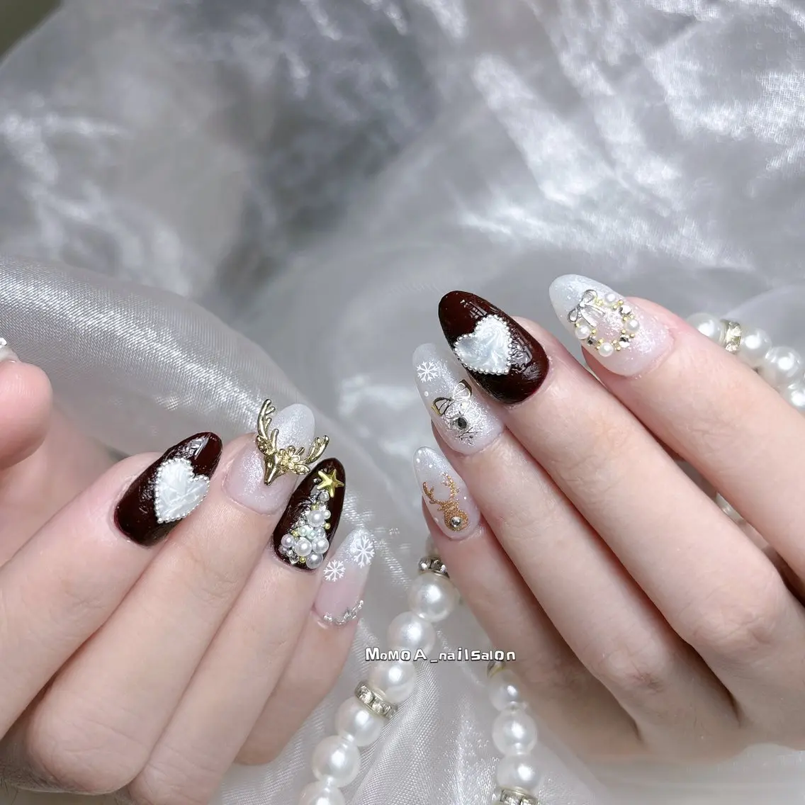 ネイル 成人式 ジェルネイル ロングネイル マグネットネイル 大理石ネイル(マーブル) ハンドネイル MoMoA Nail ネイル長さ出し専門店のネイルデザイン