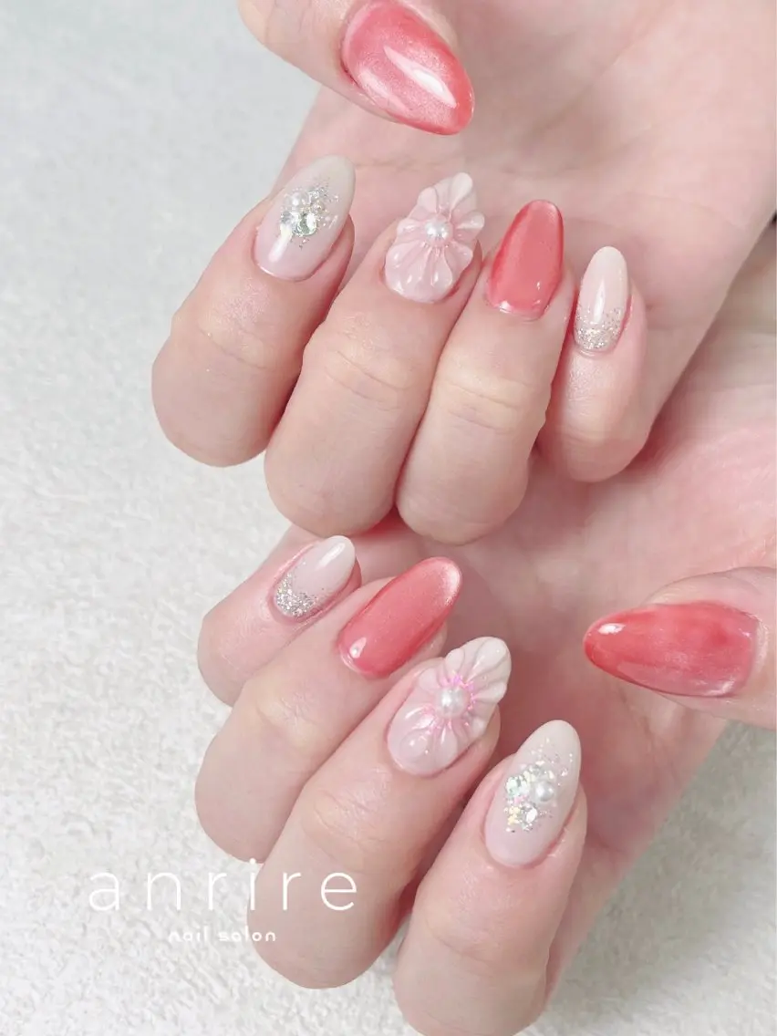 ネイル フラワーネイル マグネットネイル ぷっくりネイル 春ネイル nailsalon anrireのネイルデザイン