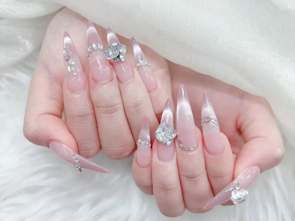 ネイル 成人式 マグネットネイル 大理石ネイル(マーブル) リボン 夏ネイル ハンドネイル MoMoA Nail ネイル長さ出し専門店のネイルデザイン