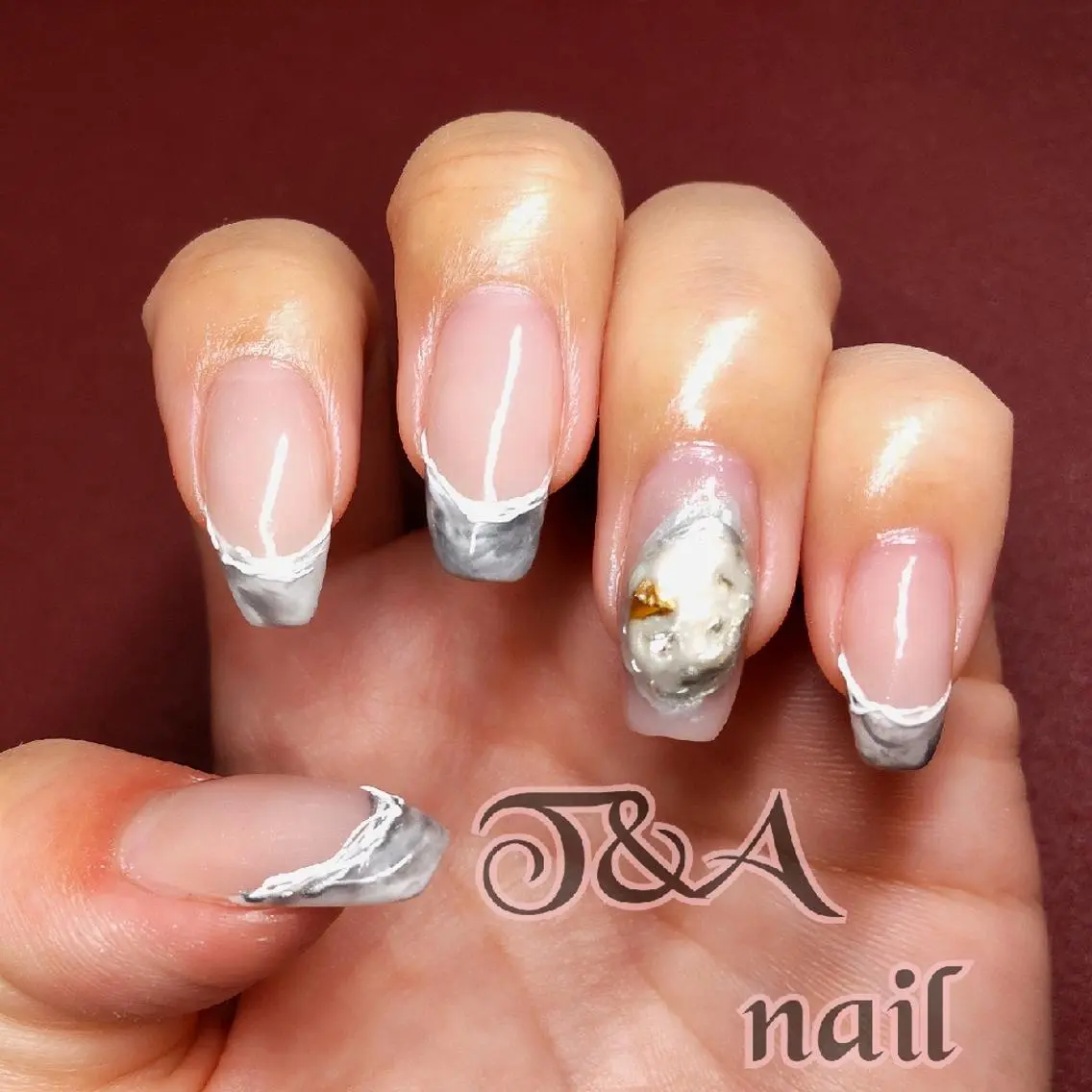 セミロング ネイル 長さ出し フレンチネイル ジェルネイル 大理石ネイル(マーブル) ニュアンスネイル T&A nailのネイルデザイン