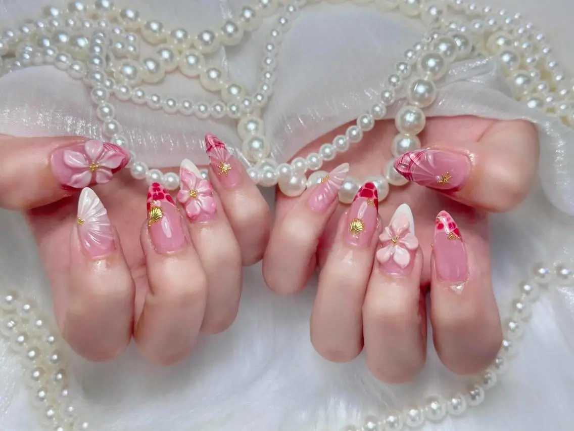 ネイル ブルー 韓国ネイル ロングネイル 持ち込み リボン Melia Nail Nambaのネイルデザイン