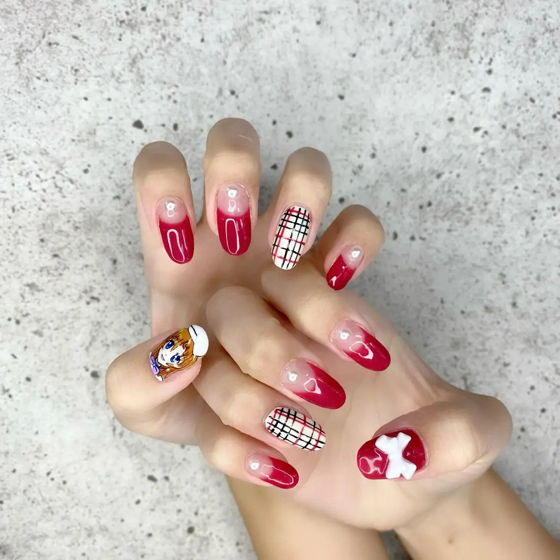 ロング カラー パーマ ヘアアレンジ メンズ キッズ ネイル マツエク・マツパ ロング フレンチネイル ロングネイル 赤色 リボン ハンドネイル Salon Ｋのネイルデザイン