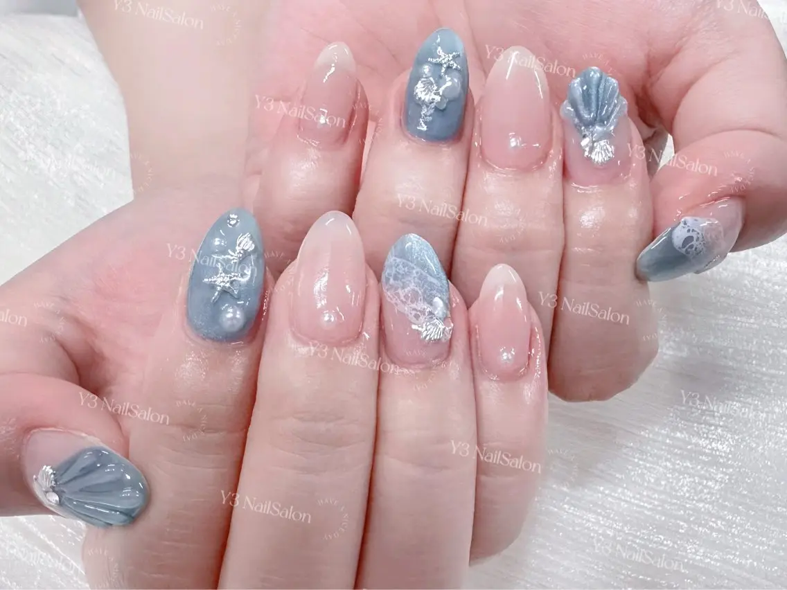 ネイル ブルー 持ち込み 夏ネイル ハンドネイル Y3 NailSalonのネイルデザイン