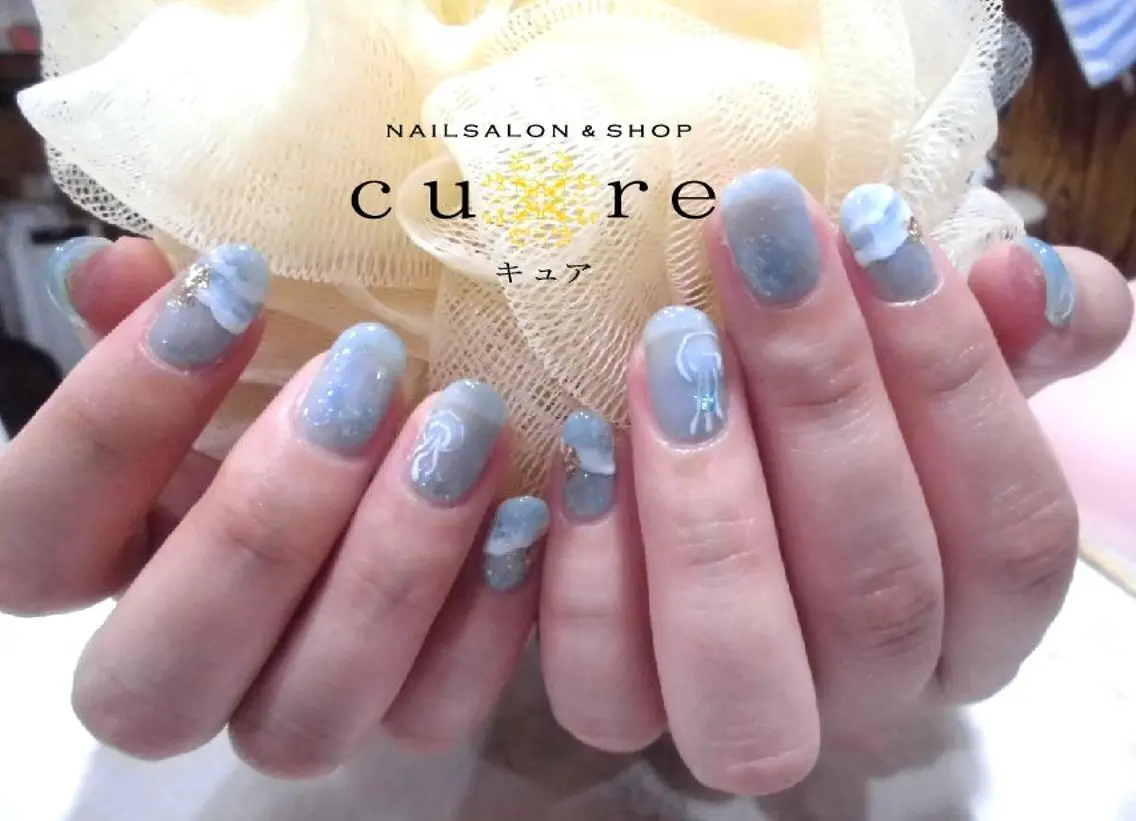 ネイル ブルー ジェルネイル ワンカラーネイル ネイルサロン Cureのネイルデザイン