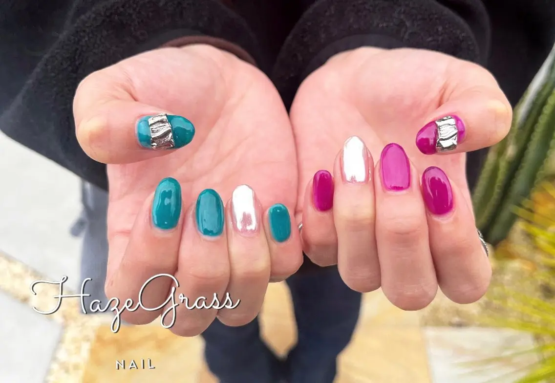 ネイル ブルー ピンク 夏ネイル ハンドネイル HazeGrass NAILのネイルデザイン