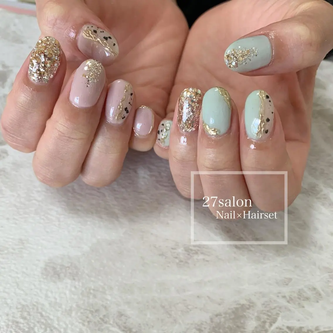 ネイル グリーン ピンク 27salon yuinaのネイルデザイン