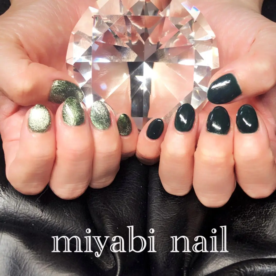 ネイル グリーン マグネットネイル 持ち込み ハンドネイル miyabi nail 桂川駅近くのネイルデザイン