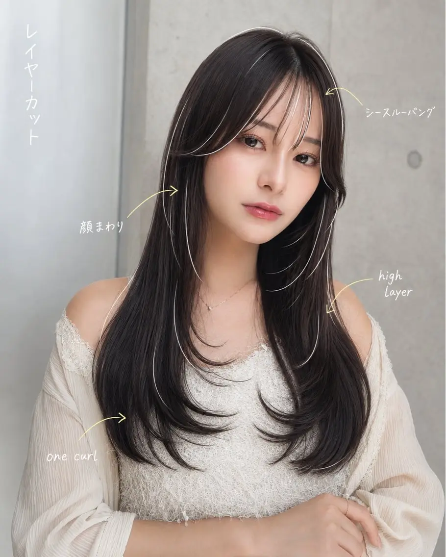 セミロング カラー ヘアアレンジ 顔まわりレイヤー ハッシュカット 韓国風ヘア レイヤーカット シースルーバング カット ヘアカラー トリートメント 🌫️大人韓国ヘア 🌫️naoyaのヘアスタイル