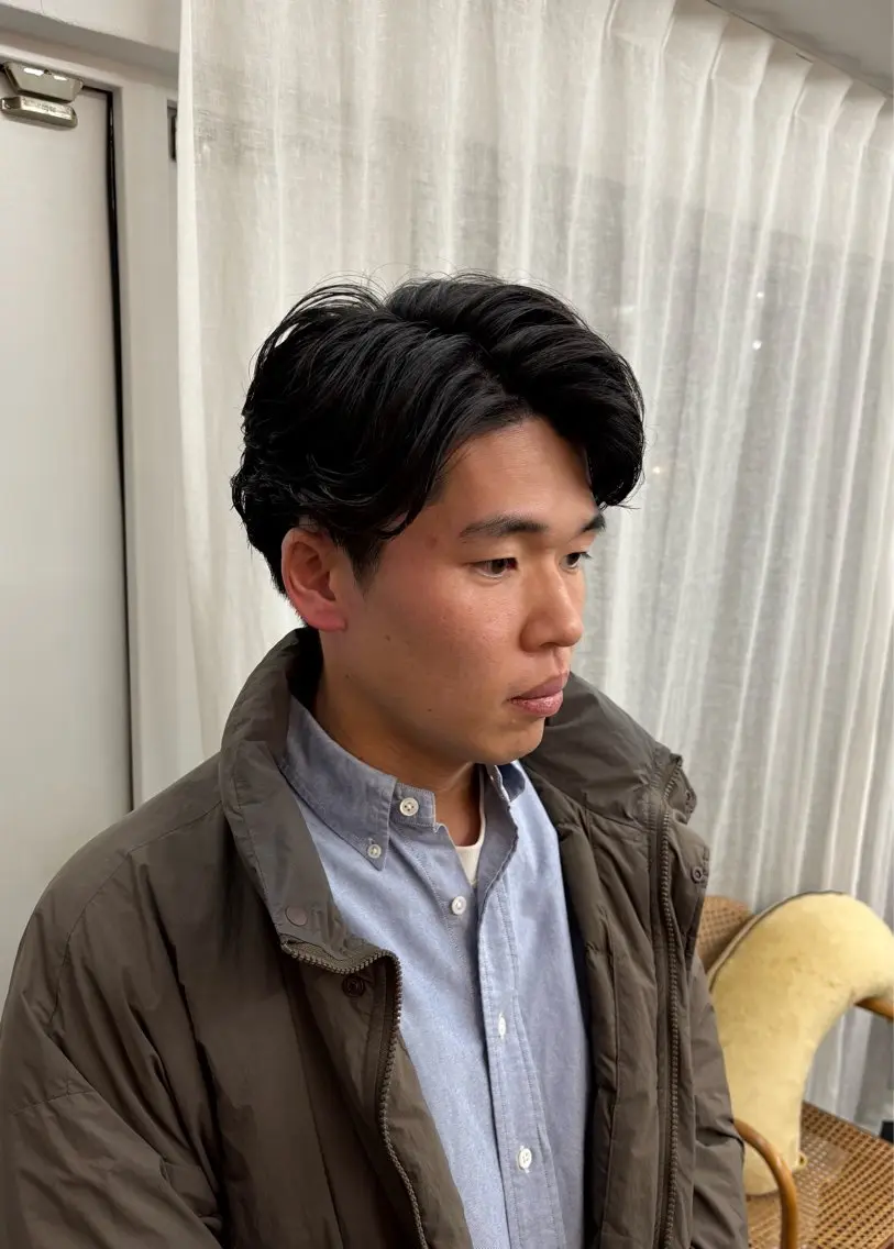 ミディアム パーマ メンズ カット パーマ 【ヤマザキアヤメ】 艶カラー/縮毛矯正のヘアスタイル