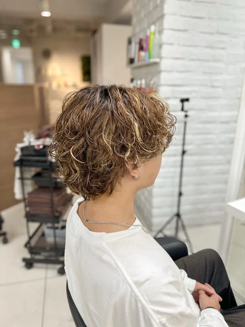 ショート カラー パーマ メンズ メンズハイライト 波巻きパーマ ブラウンカラー ハイライトカラー ハイライト カット ヘアカラー パーマ フェザーパーマ職人 🪶ryosukeのヘアスタイル