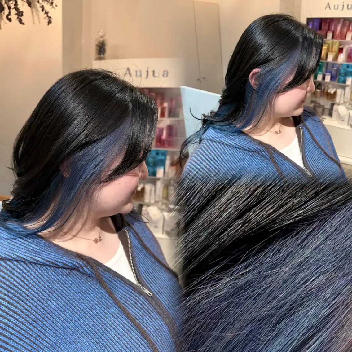 セミロング カラー 黒髪 ブルーカラー インナーカラー カット ヘアカラー トリートメント 髪質改善/韓国風 🦕ＡＫＡＲＩ🩵のヘアスタイル